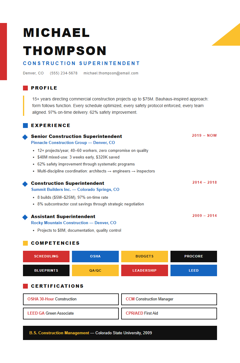 Geometric modern construction superintendent resume